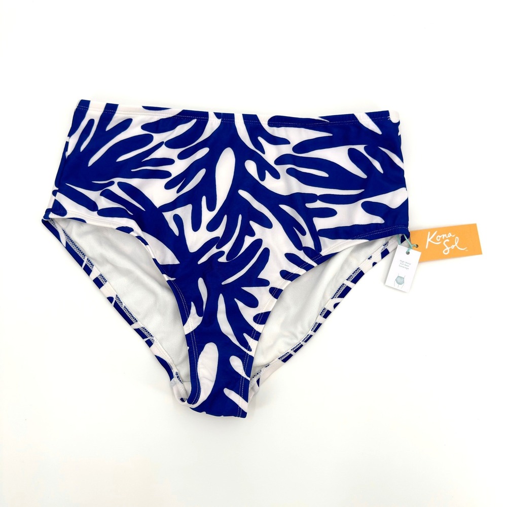 Kona Sol Womens High Waist Bikini Bottoms Blue White Abstract Coral Size X 14-16